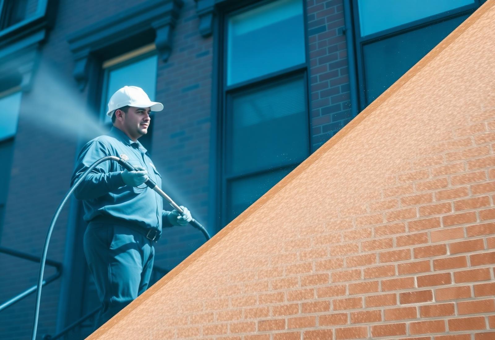 Power washing a brownstone facade in New York City